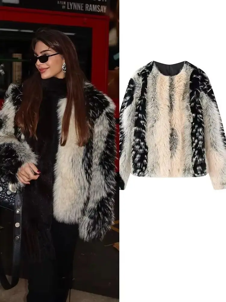 HH Fashion Women Long Sleeve O-Neck Warm Jacket Hidden Buckle Color Block Decoration Woman Outwear Faux Fur Effect Short Jacket