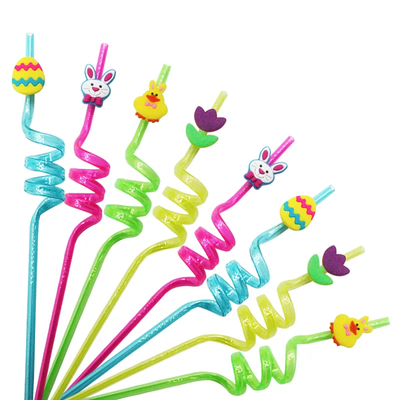 8/32/40pcs Reusable Plastic Spiral Straws Cartoon Easter Egg Rabbit Chick Pattern Drink Straws Easter Theme Party Decor Supplies