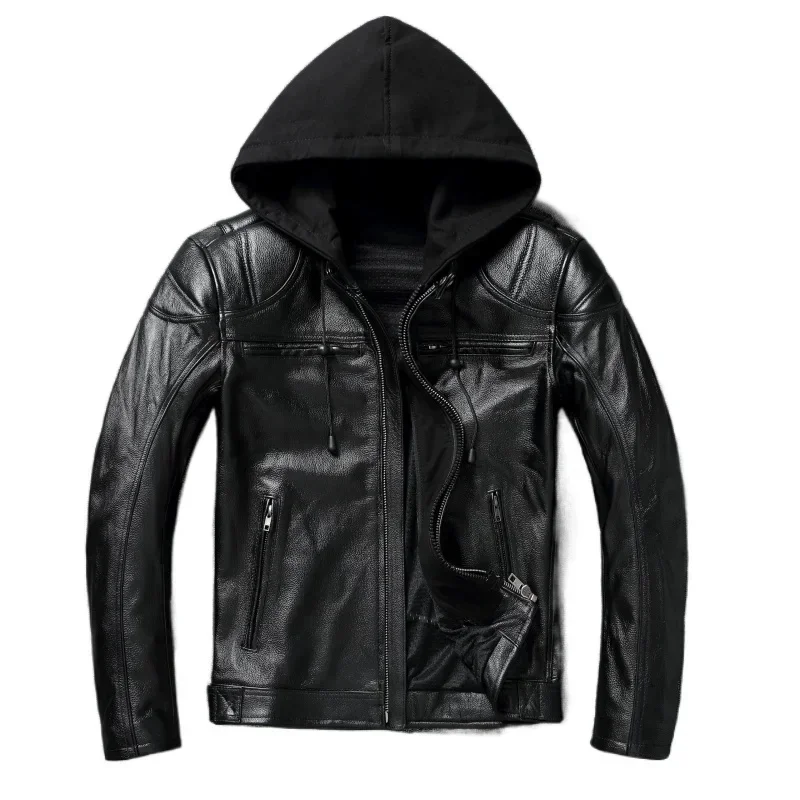 Thick Genuine Cowhide Leather Jacket Hood Classic Motorcycle s Detachable Protective Men Winter Biker Coat