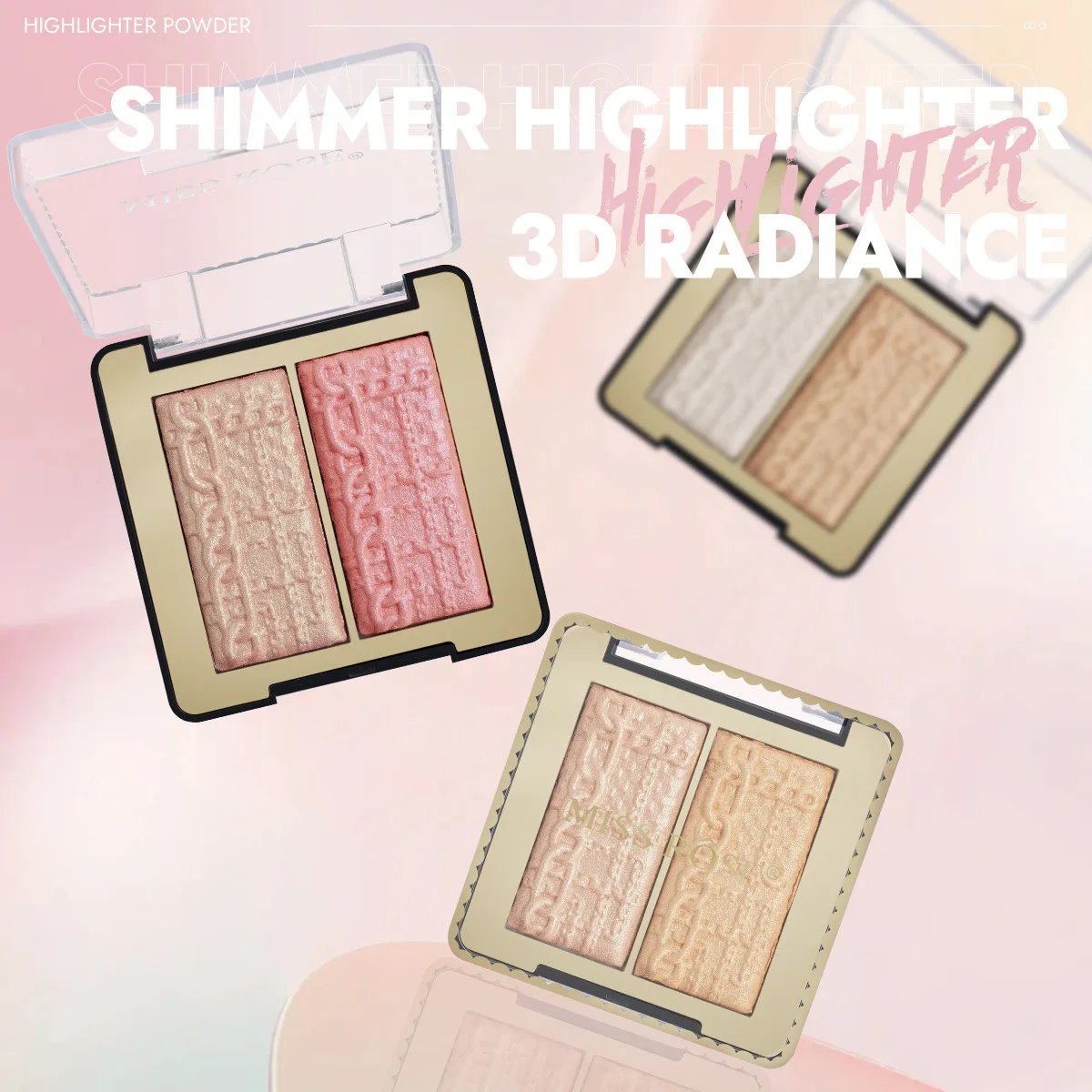 MISS ROSE Two-Tone Highlight Contour Palette with Shiny Light Texture Oil Control Powder Tray for Daily Natural Facial Brighteni