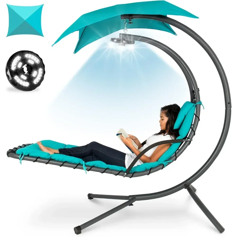 Hanging LED-Lit Curved Chaise Lounge Chair Swing for Backyard, Patio, Lawn w/ 3 Light Settings, Weather