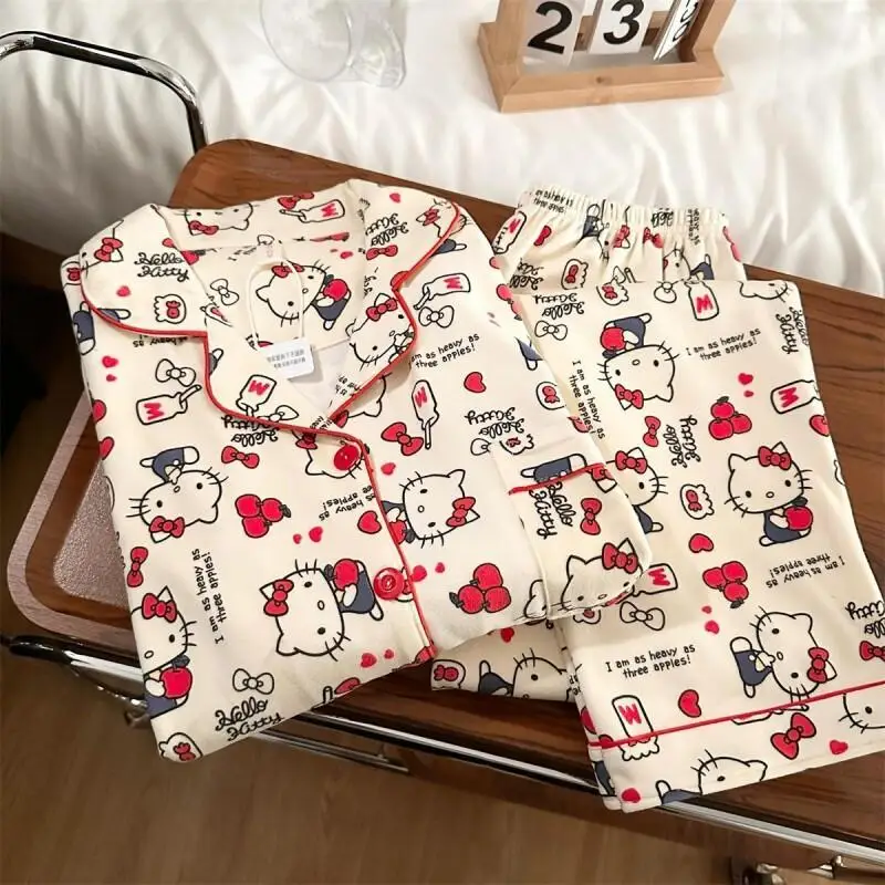 

Sanrio Hello Kitty Pajamas Set Brushed Fleece Women Student Dormitory Homewear Cute Japanese Style Autumn Winter Warm Thickened