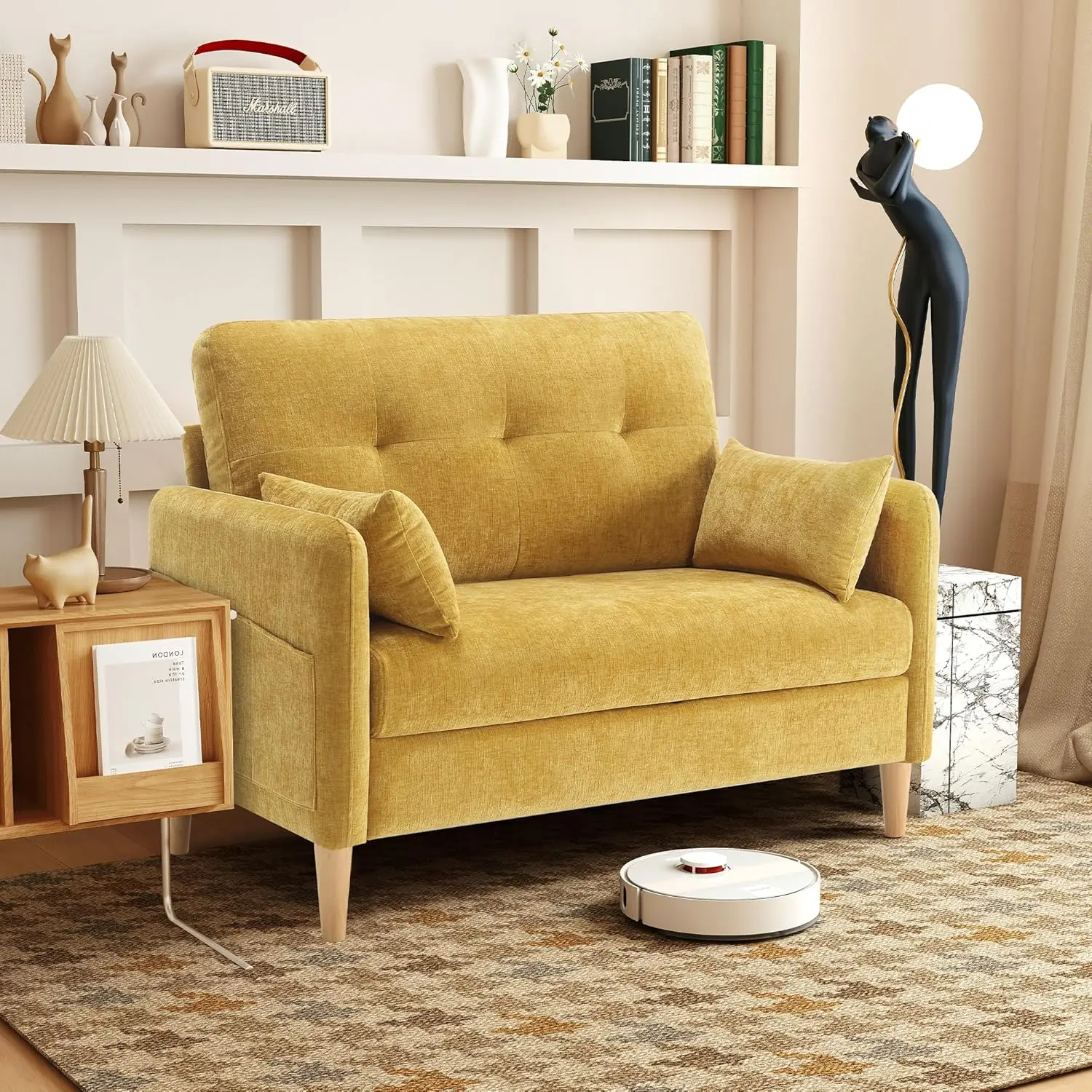 

47' Small Sofa Couch for Bedroom, Soft Chenille loveseat Mini Couch with Throw Pillow and Removable
