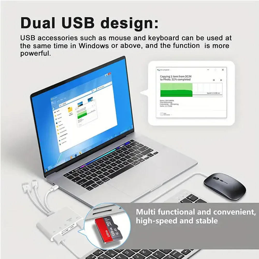 قارئ بطاقات 5 في 1 ثلاثي الأسلاك، محول OTG متعدد الوظائف، نقل عالي السرعة، متوافق مع هاتف Iphone/Android/ipad