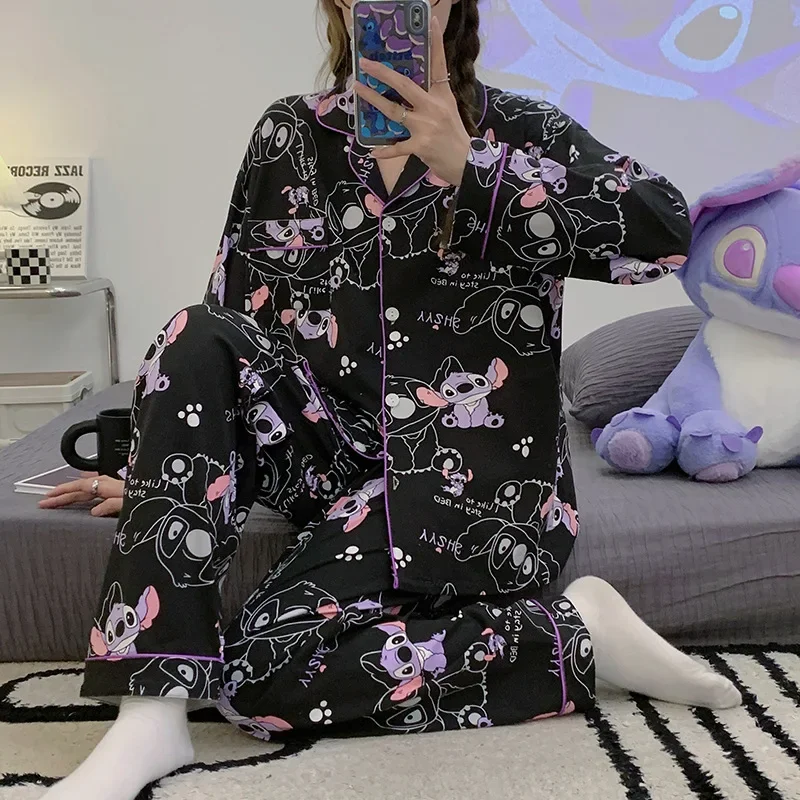 Disney Stitch Cartoon 2 Pcs Pajamas Sets for Women In Spring And Autumn, Long Sleeved And Sweet Pjs for Students Homewear Suit