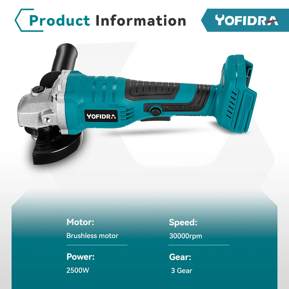 YOFIDRA 30000RPM Brushless Angle Grinder Woodworking Grinding Machine Cutting Power Tools With NO Battery For Makita 18V Battery