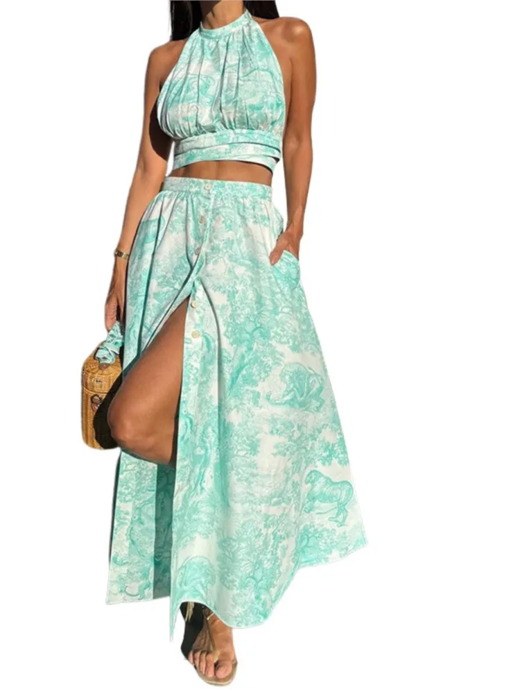 Nice New Women Pattern Print Party Club Suit Women Navel Sexy Outfit Female 2025 Sleeveless Halter Blouse Tops&Button Slit Skirt