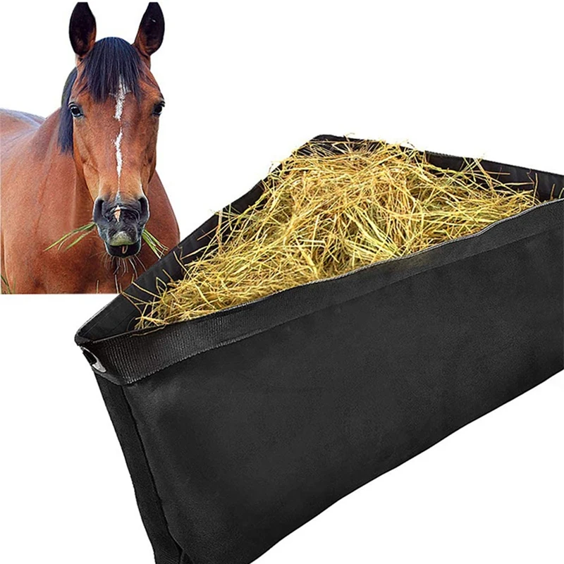 Horses Corner Feeder Deep Corner Hay Bag With Mesh Bottom And Snaps For Horse Trailer Stall, Black