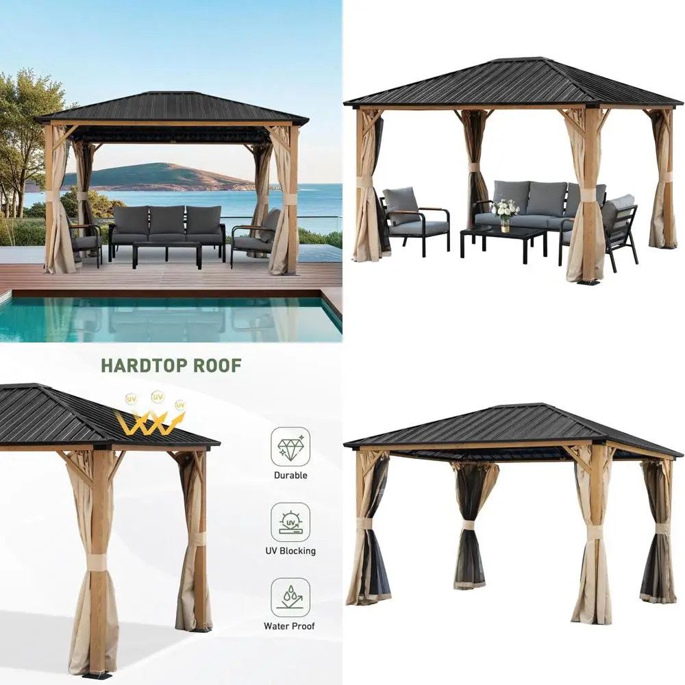 

10 x 12 ft. outdoor hardtop gazebo, wooden finish coated aluminum frame gazebo with curtains and mosquito nettings for patio, g