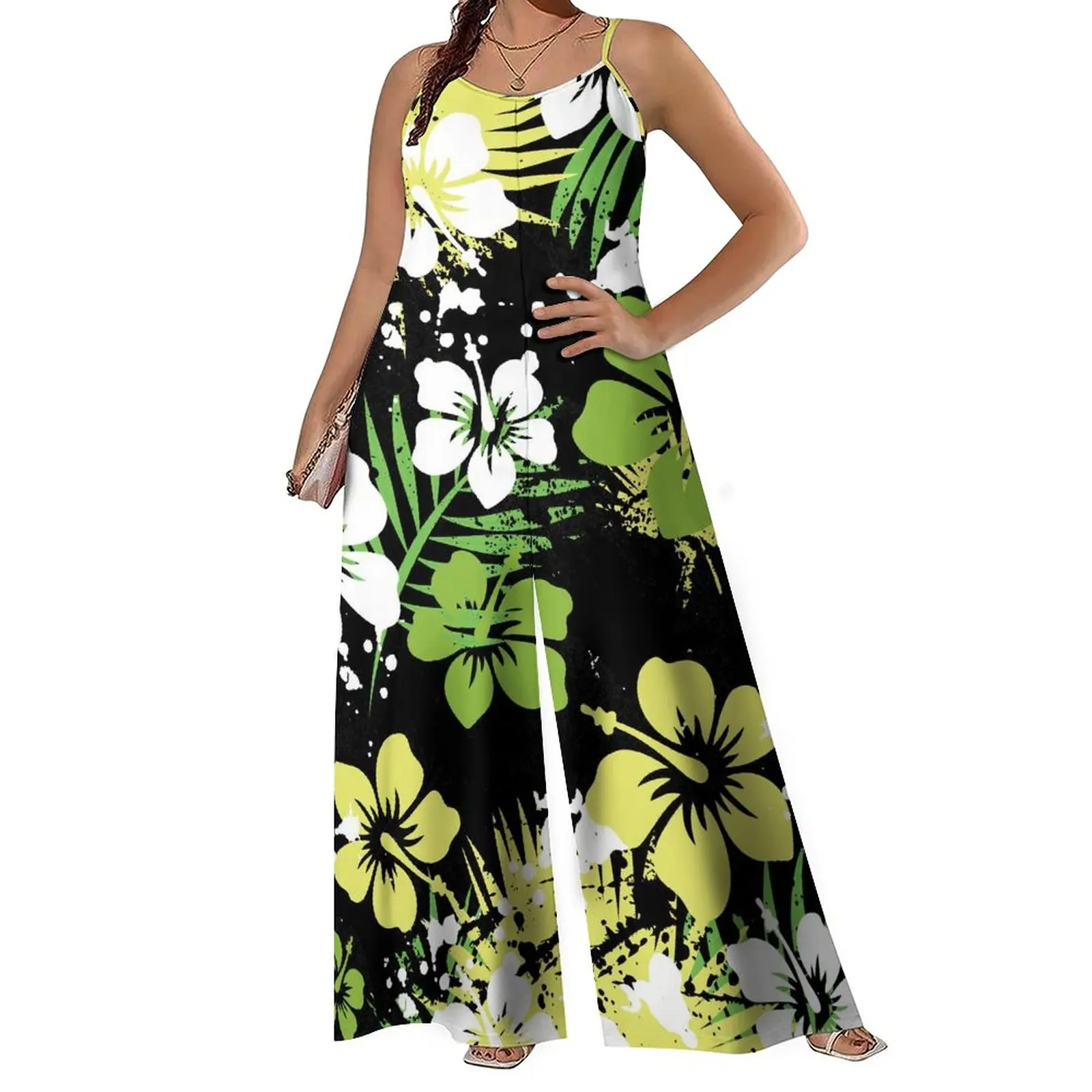 Factory Outlet Spaghetti Strap Sleeveless Lady Wide Leg Playsuits Polynesian Tribal Design Sublimation Print Yellow Rompers