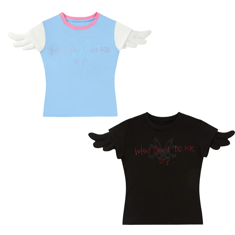 Camiseta Harajuku 3D con alas de ángel y demonio para mujer, estilo Y2K grunge, negra y azul, ajustada, de manga corta, crop top con estampado de letras, estilo fairycore, ropa urbana.