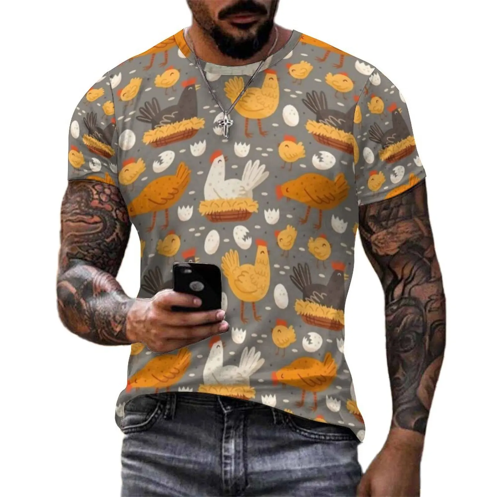 Funny Chicken Print T-Shirt Man Hen On Nest Egg Design O Neck T-Shirts Summer Vintage Clothes Short Sleeves Oversize Tee Shirt