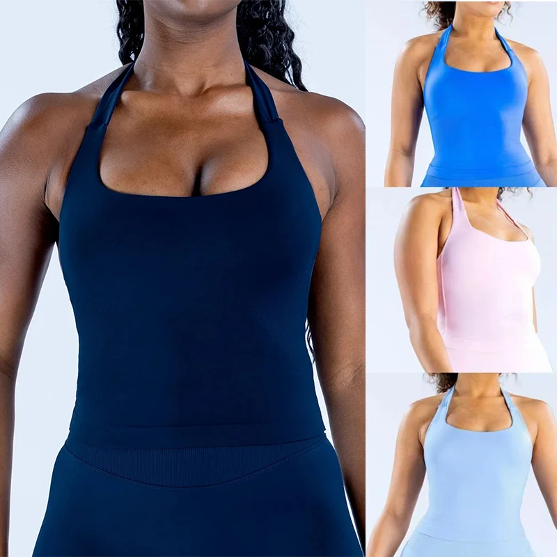 

Y-2DF Women Halter Neck Yoga Crop Top With Built-in Bra Neck Fitness TankTop Quick Dry Gym Sports Bra Workout Running Activewear