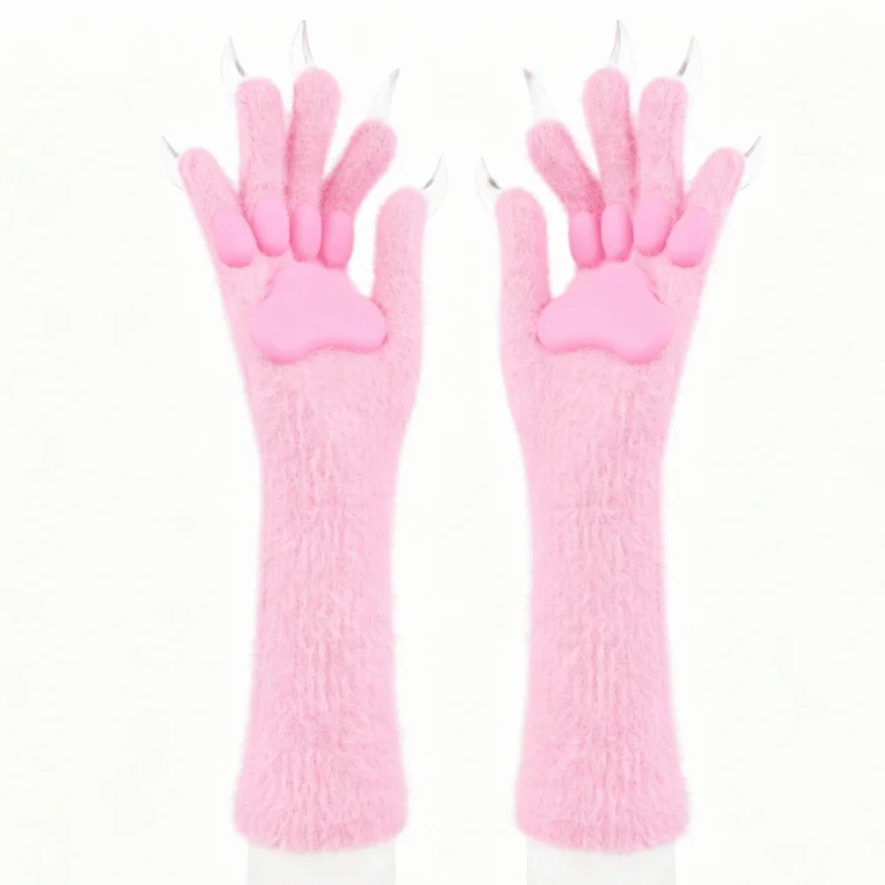 New Long Cat Claw Gloves Furry Cute Animal Claw Hand Gloves Cosplay Costume Accessories Silicone Paw Pads Plush Gloves Halloween