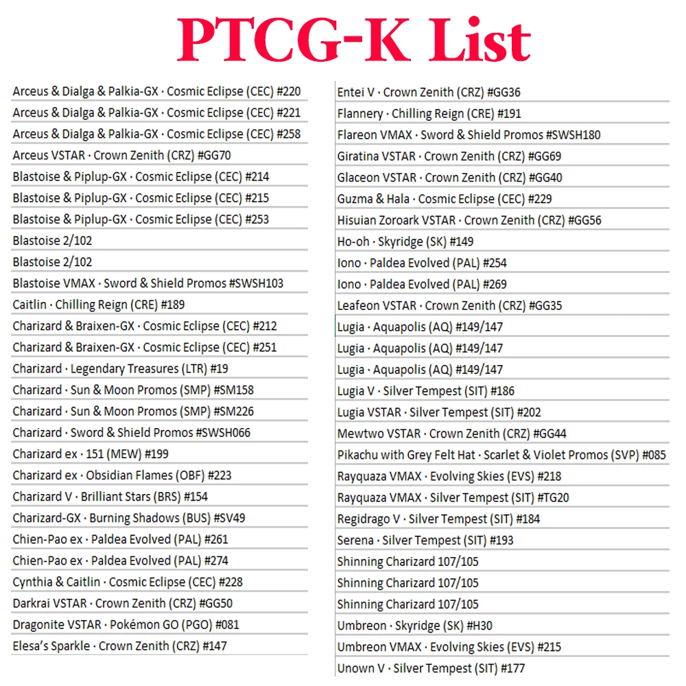 Proxy PKM PTCG-K Set completo di carte foil Arceus&Dialga&PalkiaGX RayquazaVmax Giratina STAR Serena Carte Giocattoli Regali da collezione