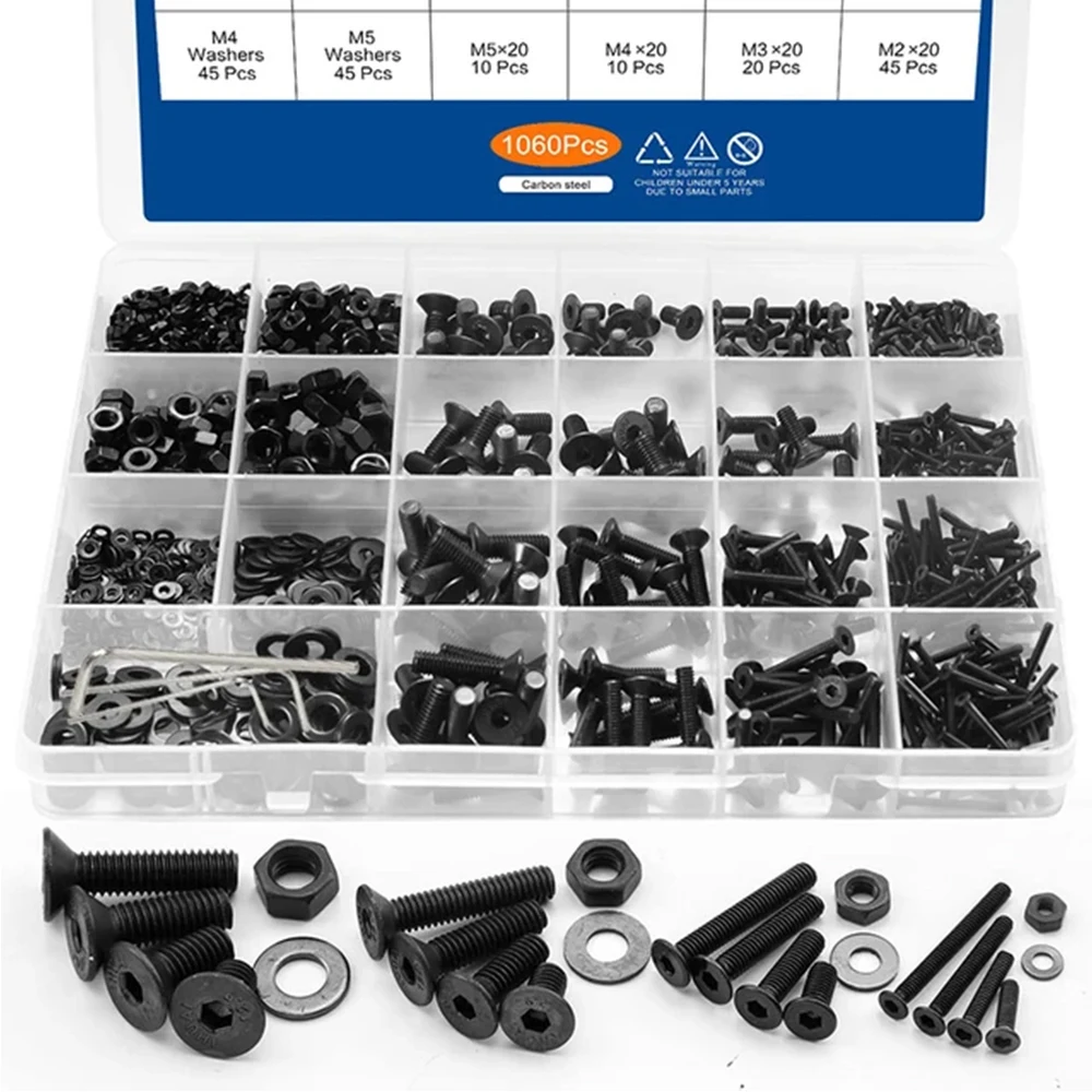 1060pcs M2 M3 M4 M5 Hex Socket Screw Set Carbon Steel Flat Round Cap Head Screws Bolts and Nuts Assortment Kit with Storage Box