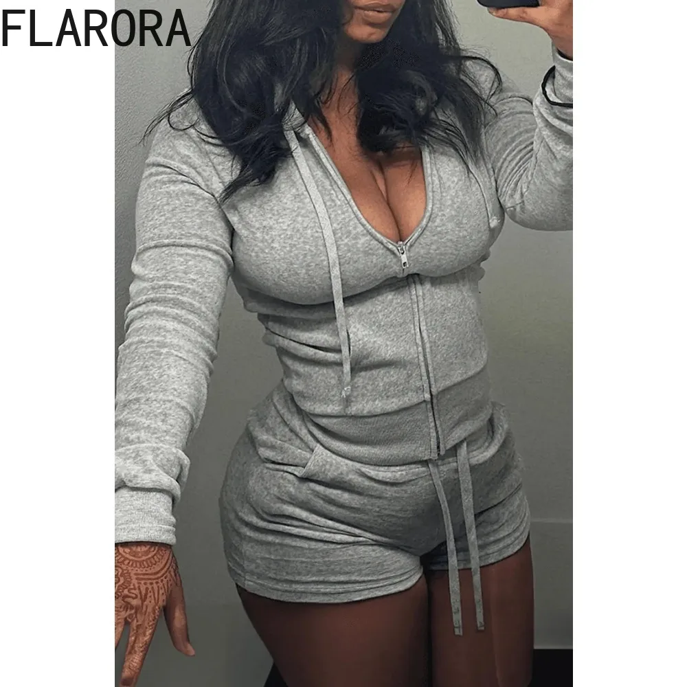 FLARORA Casual Solid Hooded Zip Shorts Tracksuits Woman Long Sleeve Tops And Shorts Two Piece Set Female Street Sporty Outfits