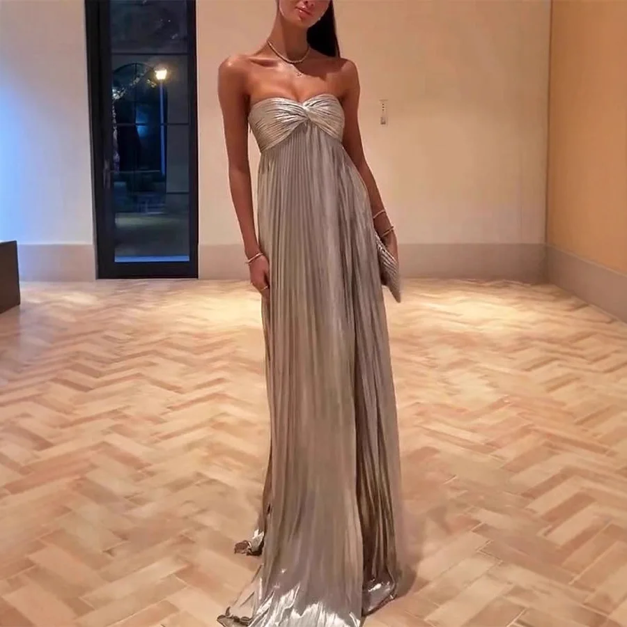 

Gold Hot Tube Top Party Dresses Women Solid Color Sexy Hot Girls Fold Banquet Slit Evening Dress Female Streetwear Long Vestidos