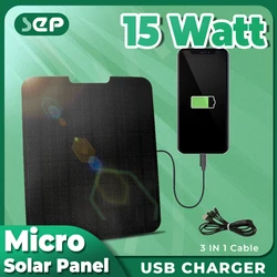 Mini Panel Solar con cargador USB, 5v, 15w, Mono alto para cámara, bomba de agua, ventilador, bicicleta, Banco de energía con cable de carga de tres enchufes de 1,2 M