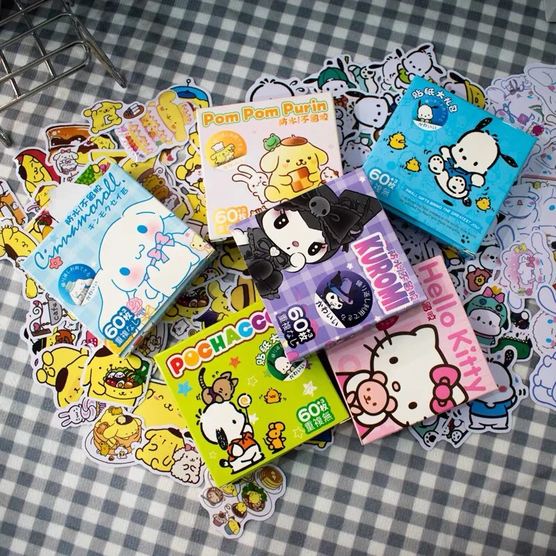 60Pcs/Box Anime Stickers Kawai Sticker Kuromi Hello Kitty Cinnamoroll Pochacco Stickers DIY Stationery Cute Cartoon Sticker Gift