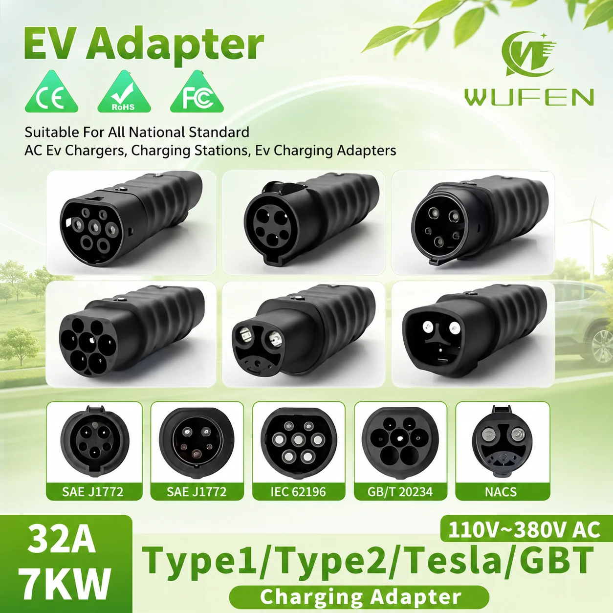 WUFEN For Various EV Charger Adapters J1772 Type 1 Type 2 GBT Tesla EV Converter 32A 1P/3P 110V~380V AC 7KW~22KW For All Vehicle
