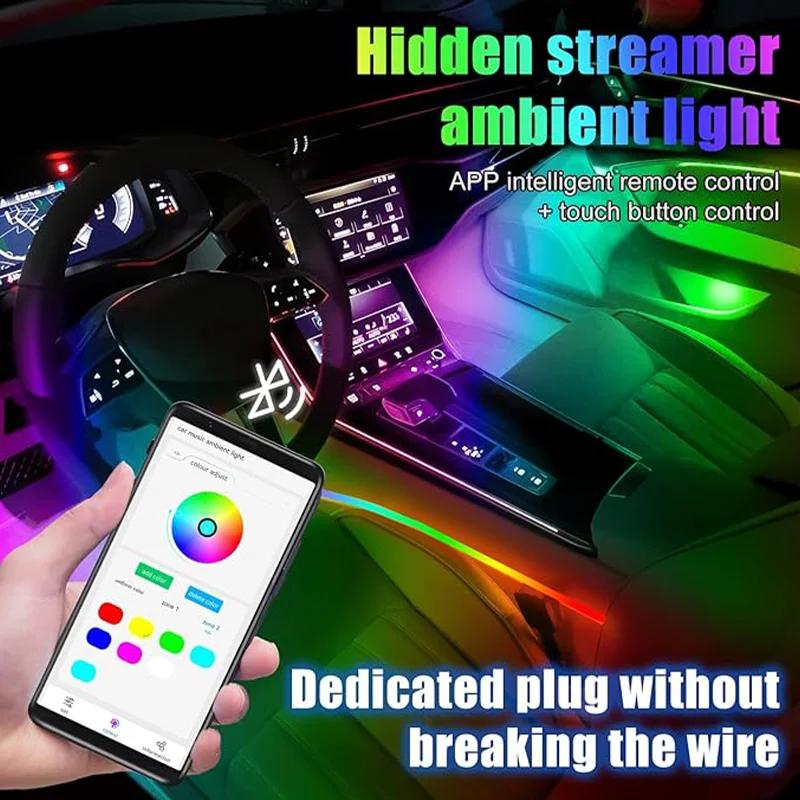 18 In 1 Neon Car Interior Led Lights Acrylic Guide Fiber Back Car Ambient Lights RBG 64 Colors Decoration Atmosphere Lamp