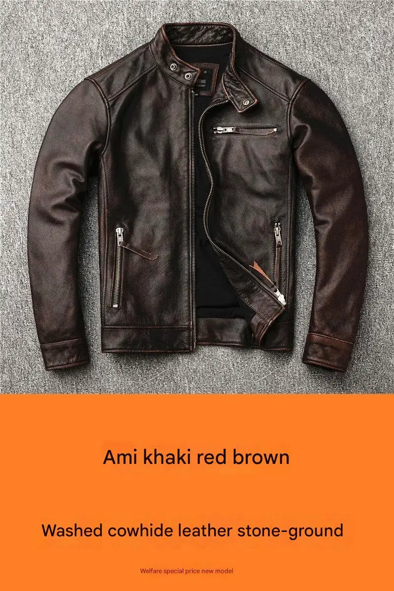 سترة جلدية للرجال من Ami كاكي، سترة علوية من جلد البقر، بياقة واقفة، سترة جلدية للدراجة النارية، معطف أنيق