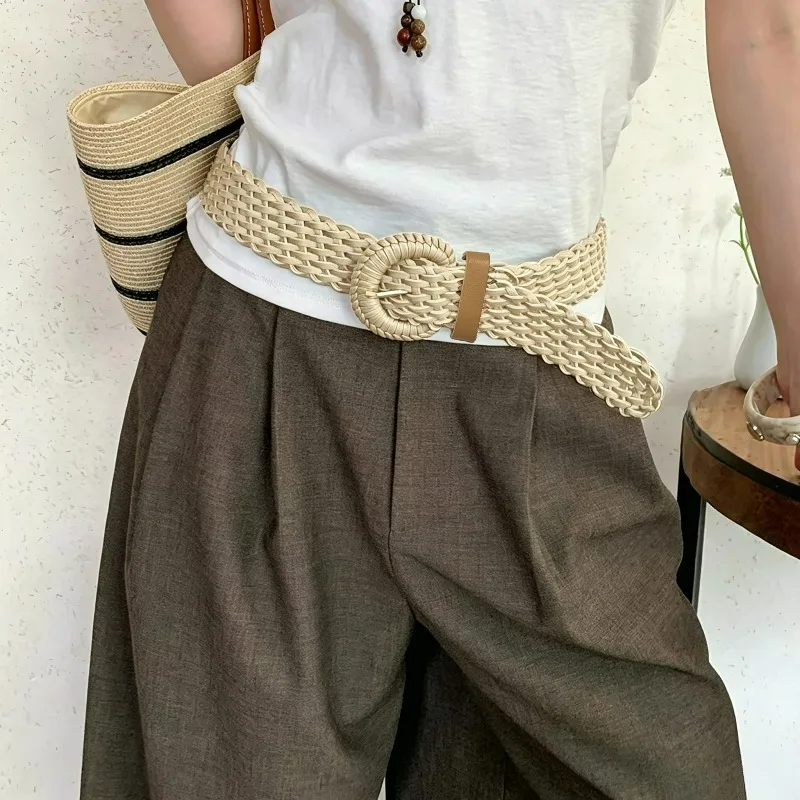 Bohemia Braided Waist Belt for Women Jeans Skirt Handmade Vintage Round Wooden Smooth Buckle Fake Straw Wide Belts Waist Strap