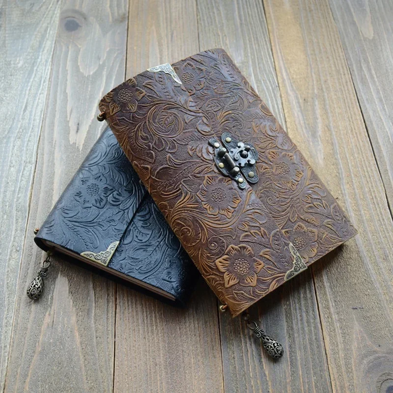 Embossed Pattern Soft Leather Travel Notebook with Lock and Key Diary Notepad Paper for Business Sketching Office Supplies Gift