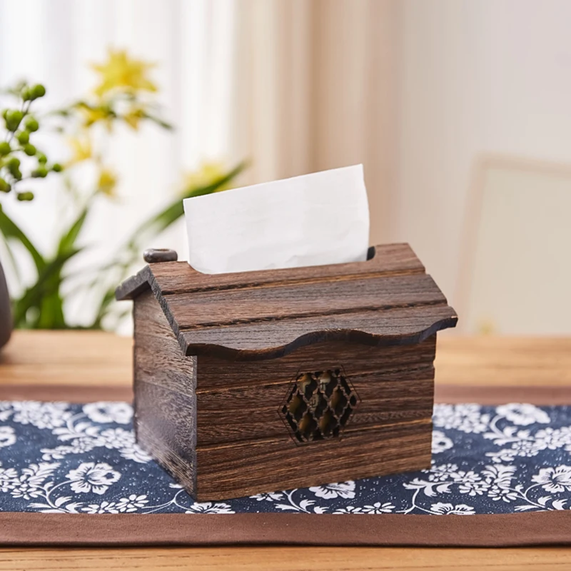 Creative Small House Solid Wood Tissue Box Household Bathroom Tissue Box Restaurant Tissue Storage Supplies Home Decoration