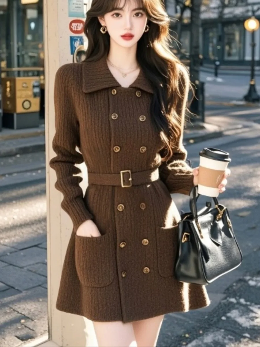 

Ele Knitted Dr Women's Faionable Petite Celebri Sle Long Sve Casual Wear Polyester Fiber Gown with Belt