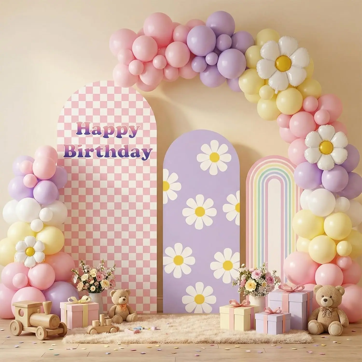 

LS Custom 2-Sided Purple Daisy Flowers Groovy Birthday Party Baby Shower Cover Chiara Arch Background Decor Backdrop Photo