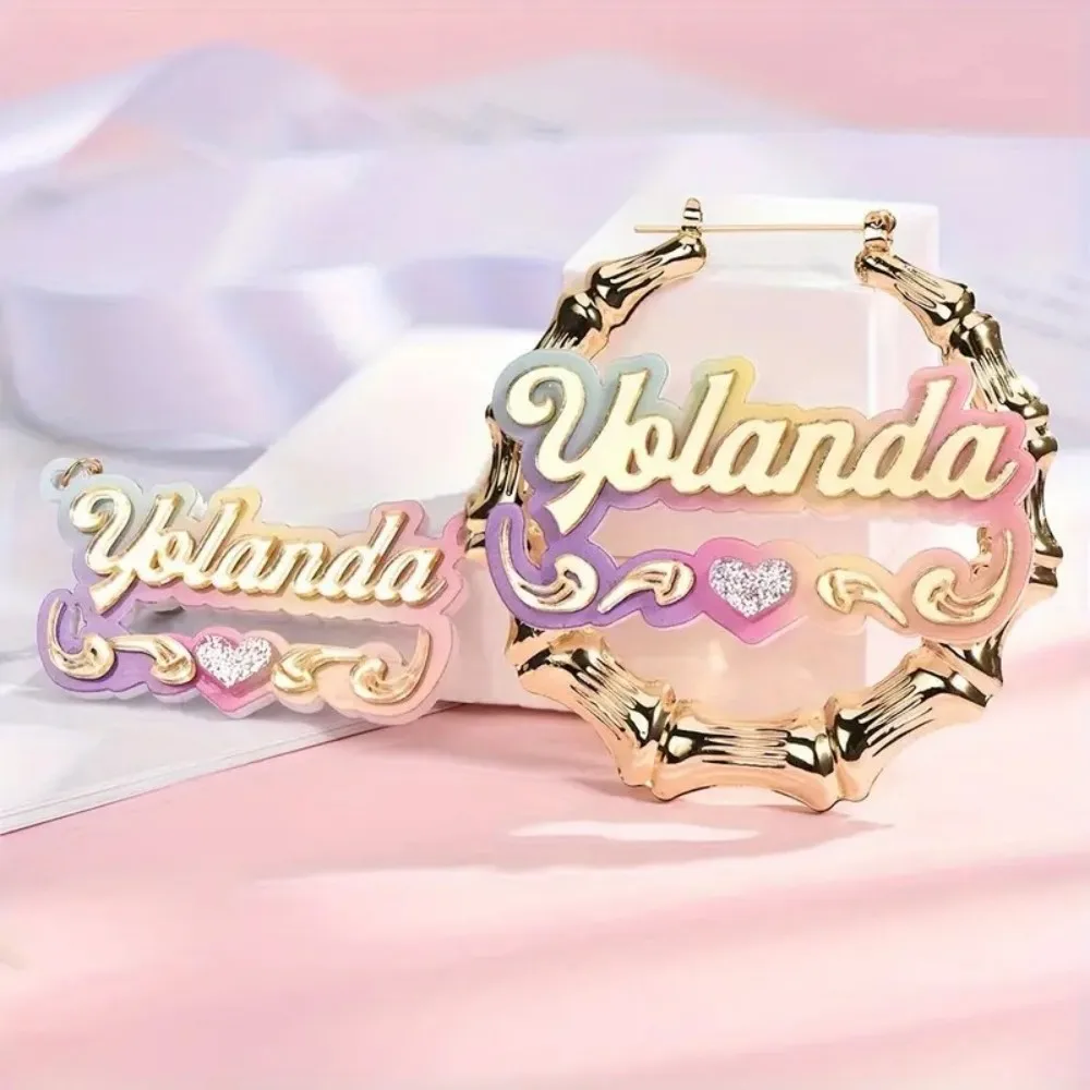 2pcs Customized Acrylic Earrings/necklace Set With Rainbow Gradient Personalized DIY Circular Bamboo Knot Creative Name Necklace