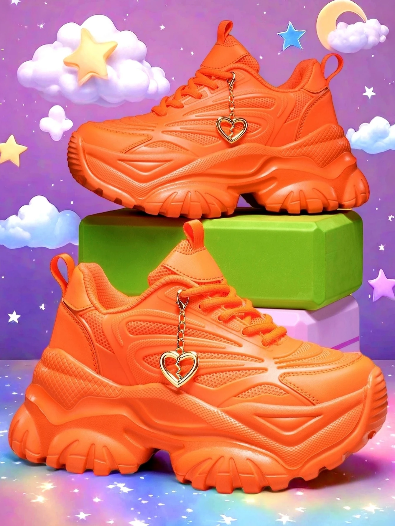 Leichte Damen-Outdoor-Schuhe aus EVA mit dicker Sohle und 7 cm Erhöhung, in Orange, vulkanisiert, mit abnehmbarem goldenen Anhänger in Form eines gebrochenen Herzens, geeignet für Laufen und Fitness