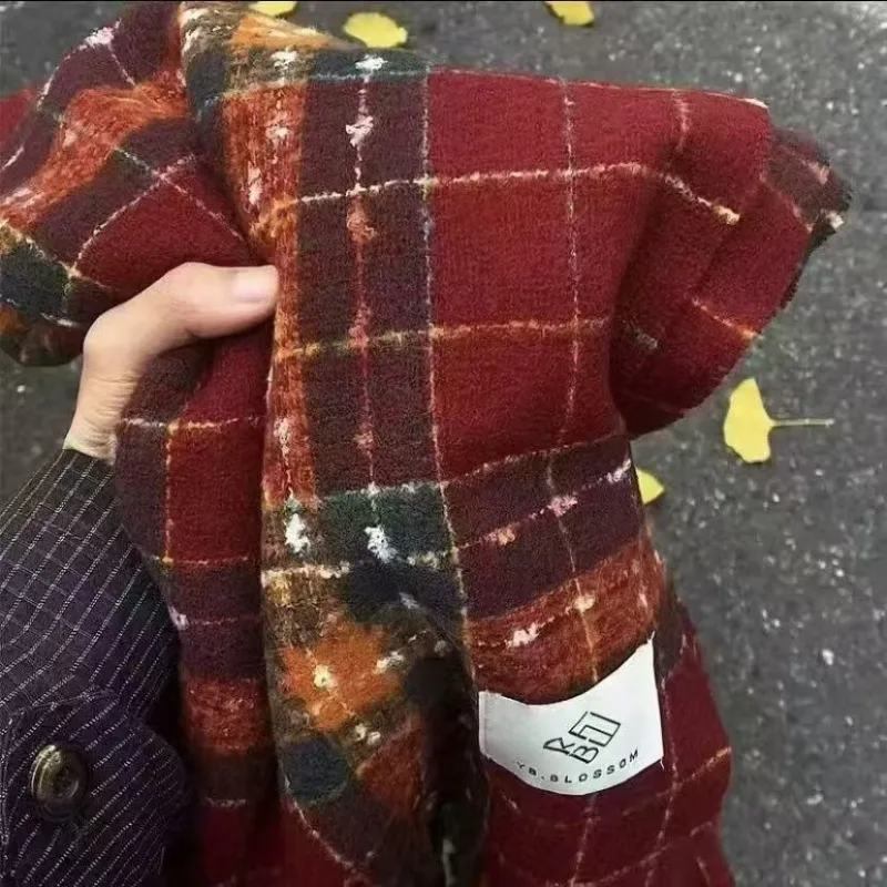 Women Winter Burgundy Red Plaid Knit Scarf Korean Premium Thick Warm Cozy Wrap Neck Shawl Students Versatile Trendy Casual