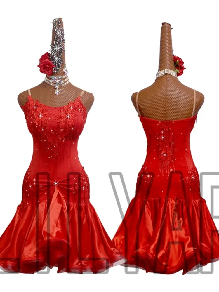 

New Latin Dance Competition Suit Belt Denim Chacha Children's Adult Performance Suit Red Beaded Tassels Made For Women