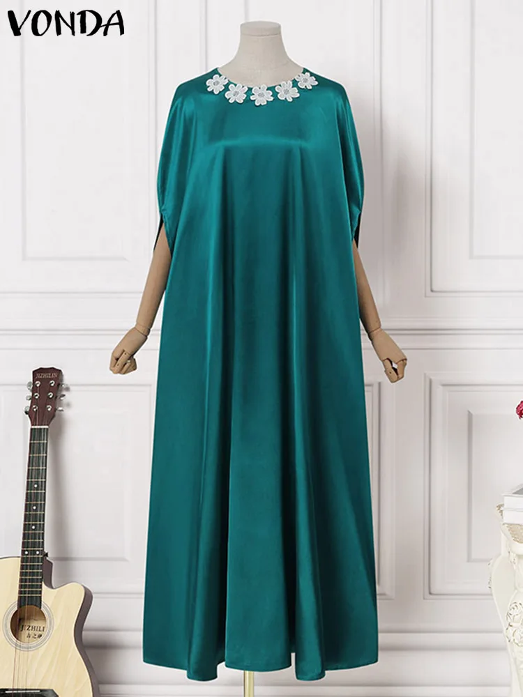 Plus Size 5XL VONDA Summer Party Dress Fashion Women Satin Long Maxi Sundress Bohemian Round Neck 3/4 Bat Sleeve Vestidos Robe