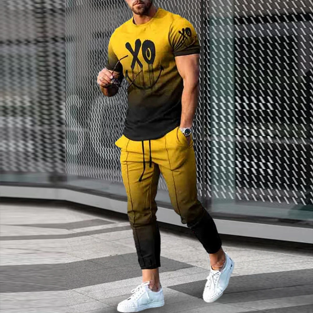 2024 Men\'s Summer Tracksuit 2 Piece Sets Short Sleeve T-Shirt+ Sweatpants Trousers Set Fashion Men Oversized Streetwear Clothing