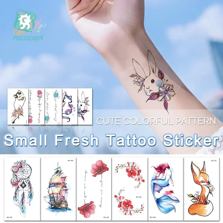  Small Fresh Tattoo Stickers Fox Mermaid Fake Tattoo Flower Body Art Tatuaje Cute Cat Tatouage Temporaire For Women Taty