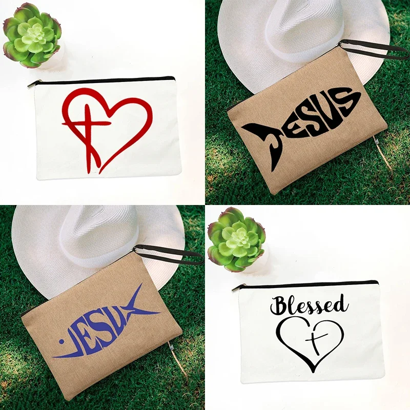 Jesus Women Canvas Cosmetic Cases Bags Blessed Makeup Pouch Purse Faith Christian Outdoor Storage Bags Female Travel Makeup Case