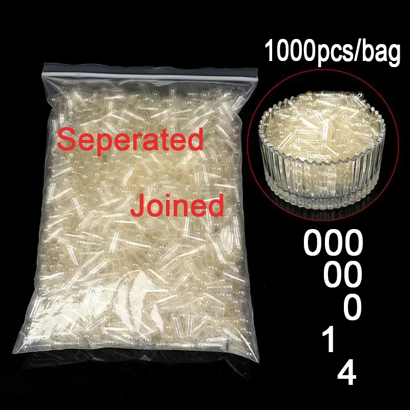 

1000PCS Standard Size 000# 00# 0# 1# 4# Empty Capsules Gelatin Clear Hollow Hard Gelatin Transparent Seperated Joined Capsules