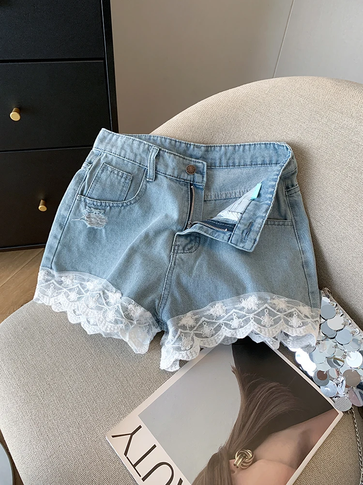 Summer Sweet Lace Denim Shorts Women Korean Appliques High Waist Short Pants Y2k Girls Sexy Punk Jeans