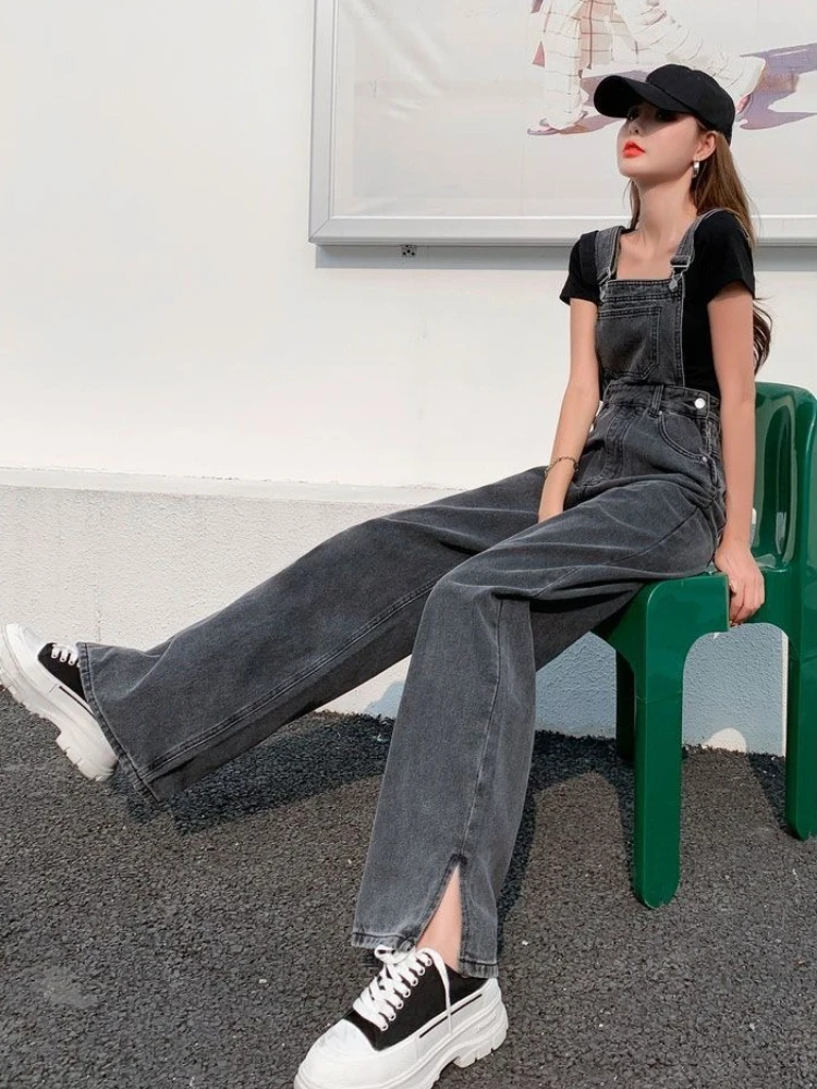 

Women Plus Size Denim Overalls Loose Straight Leg Side Slit Draped Floor Length One Piece Pants Spring Autumn Youthful Elegant