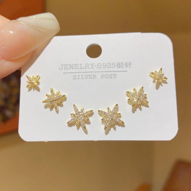 S925 simple micro-set octagram three-piece combination stud earrings female personality versatile Internet celebrity earrings de