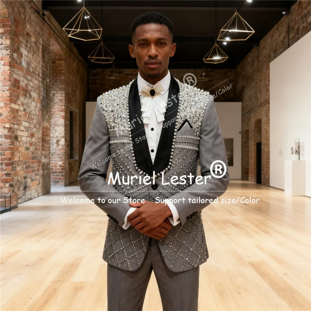 

Роскошный костюм с бриллиантами и бисером для мужчин, приталенный черный пиджак с лацканами для жениха, индивидуальный комплект из 2 предметов, свадебный смокинг, Ropa Hombre