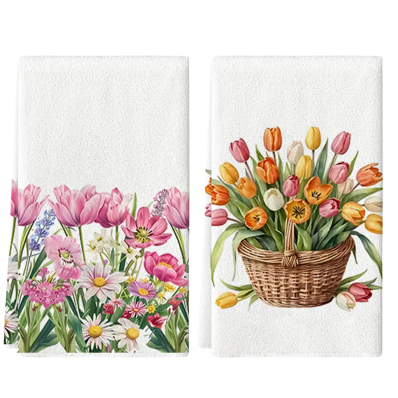 2Pcs, Rattan Basket Pink-Orange Tulip Kitchen Towels, 40Cm*60Cm Towel Set, Super Absorbent Soft Cleaning Cloth, Cooking and Baking Tea Towel, Hand Towel, Cleaning Cloth, Dishcloth, Kitchen Decoration, Living Room Decorations, Kitchen Essentials, Home Essentials