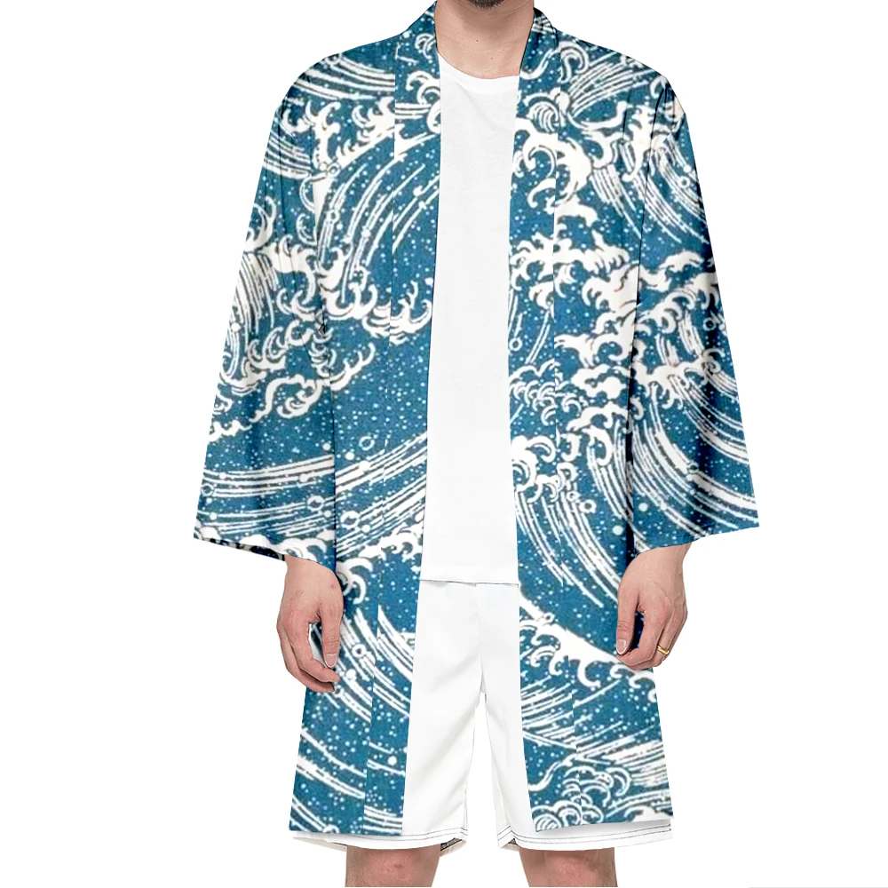 

Men Japanese Long Kimono Wave Print Cardigan Samurai Costume Kimono Cosplay Women Kimonos Shirt Casual Yukata Fashion Jacket