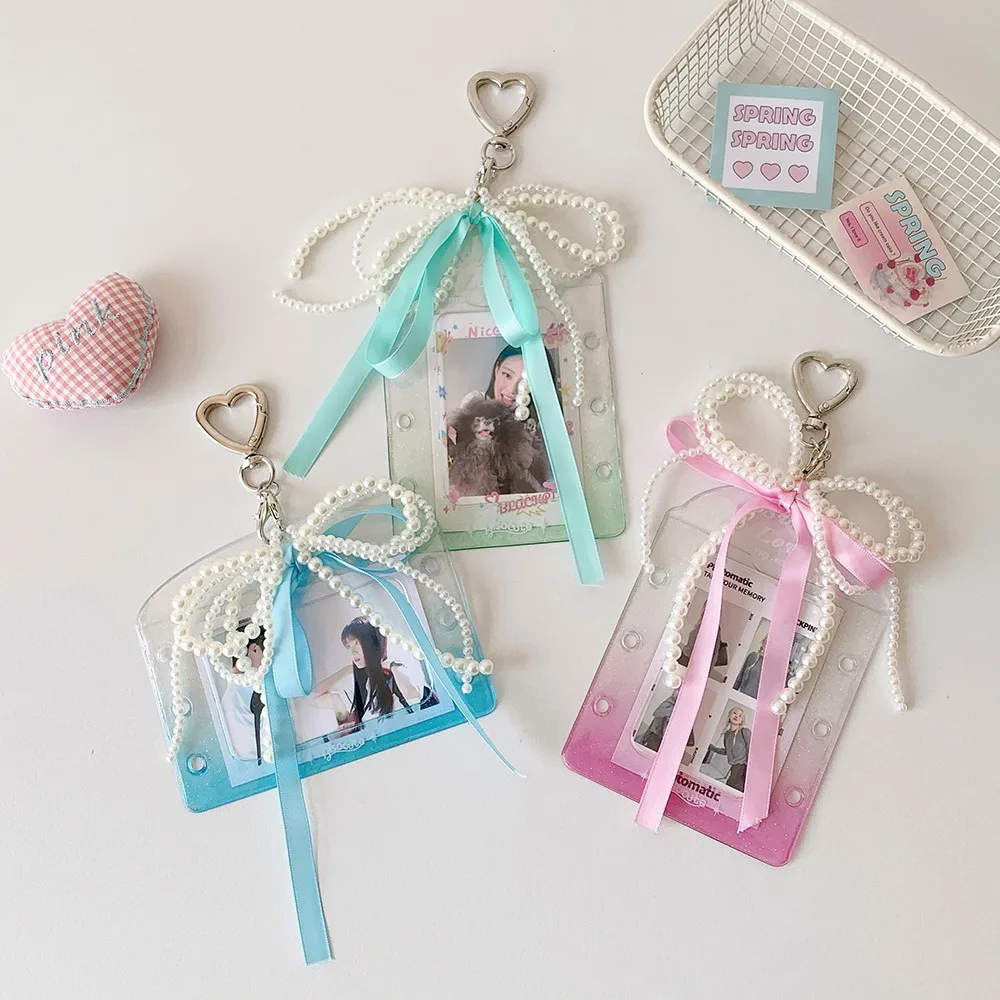 

With Keychain DIY Ribbon Photocard Holder Love Heart Pendant Hanging Decoration ID Photo Photocard Frame PVC Card Cover