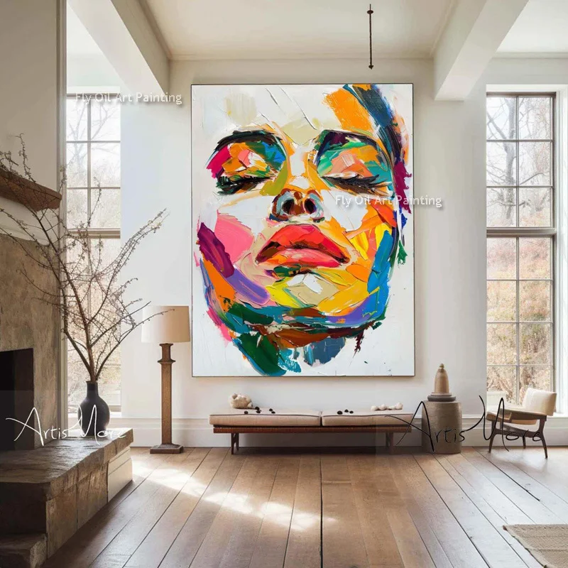 Abstract Colorful Woman Face Palette Knife Handmade Portrait Face Canvas Oil Painting Abstract Modern Art Living Room Decor