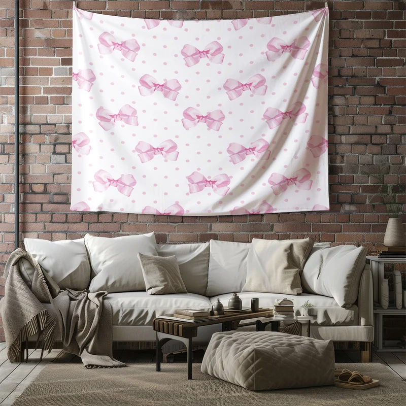 Polyester Wall Tapestry,Ultra-Soft,Multi-Sizes,Easy Hanging & Installation,Durable,Pink Bows and Light Pink Polka Dots